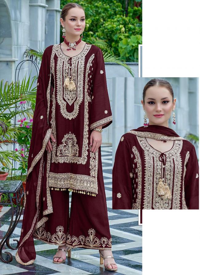 Chinnon Maroon Eid Wear Zari Work Pakistani Suit